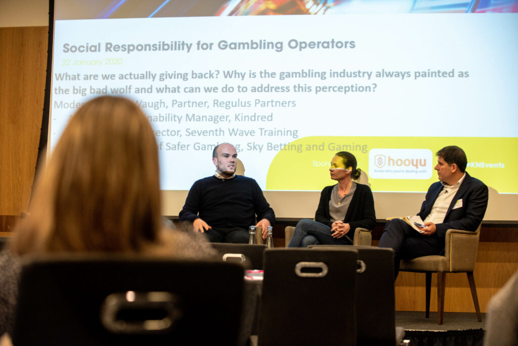 Panel discussion at 3rd Annual KnowNow conference with Dan Waugh, Partner, Regulus Partners, Anna Jein, Sustainability Manager, Kindred, Ben Wright, Head of Safer Gambling, Sky Betting & Gaming and Adrian Sladdin, Director, Seventh Wave Training