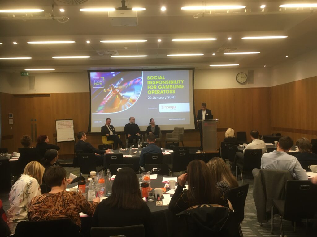 Panel discussion at KnowNow conference with Dan Waugh, Partner, Regulus Partners, Anna Jein, Sustainability Manager, Kindred, Ben Wright, Head of Safer Gambling, Sky Betting & Gaming and Adrian Sladdin, Director, Seventh Wave Training
