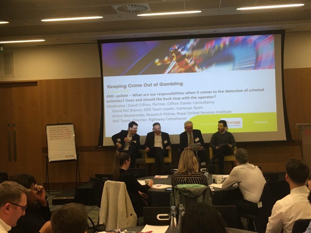 AML Update panel at 3rd Annual KnowNow Conference with David Clifton, Partner, Clifton Davies Consultancy. David Del Bianco, EDD Team Leader, Gamesys, Spain. Anton Moiseienko, Research Fellow, Royal United Services Institute and Neil Tyson, Director, Rightway Compliance.