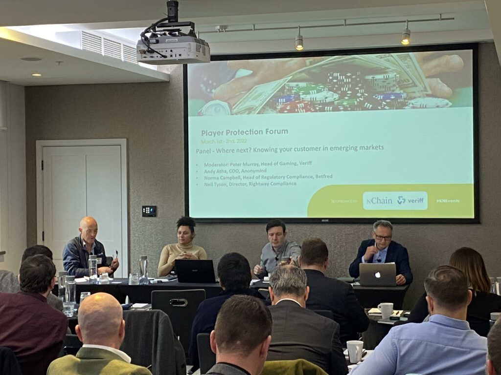 Peter Murray, Veriff moderates a panel discussion at the KnowNow Player Protection Forum 2022 - Where next? Knowing your customer in emerging markets 